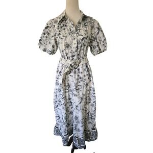 Joie Dress White Black Floral Puff Sleeve Belted Button Cottagecore Prairie 6